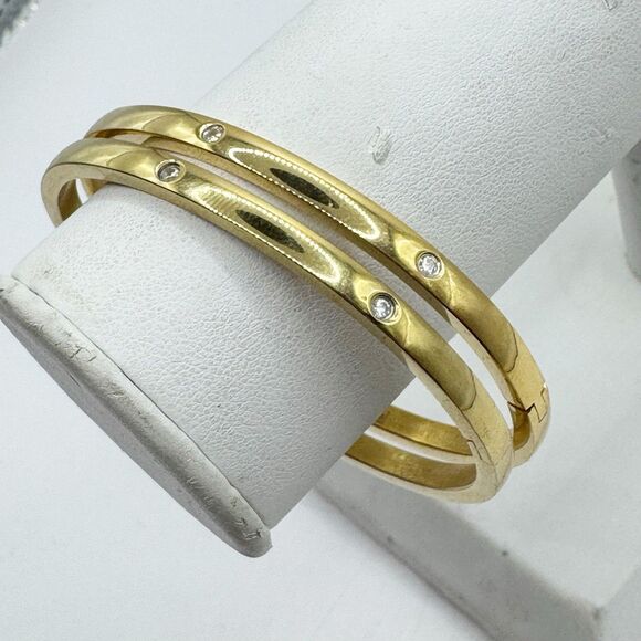 2 Gold Tone Bangle Bracelets With Rhinestone Details Stainless Steel Hinged - Picture 9 of 13